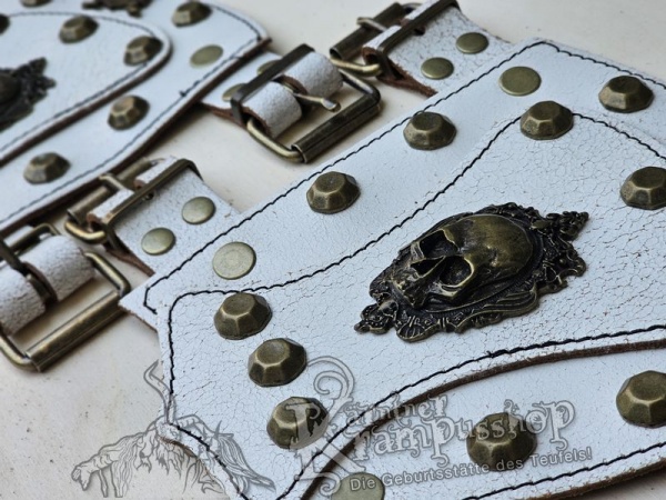 Handgamaschen Weiss Modell Ornament Skull Klein