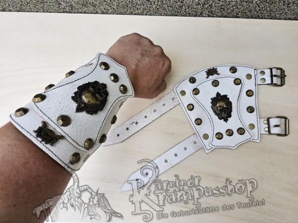 Handgamaschen Weiss Modell Ornament Skull Klein