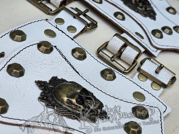 Handgamaschen Weiss Modell Ornament Skull Klein